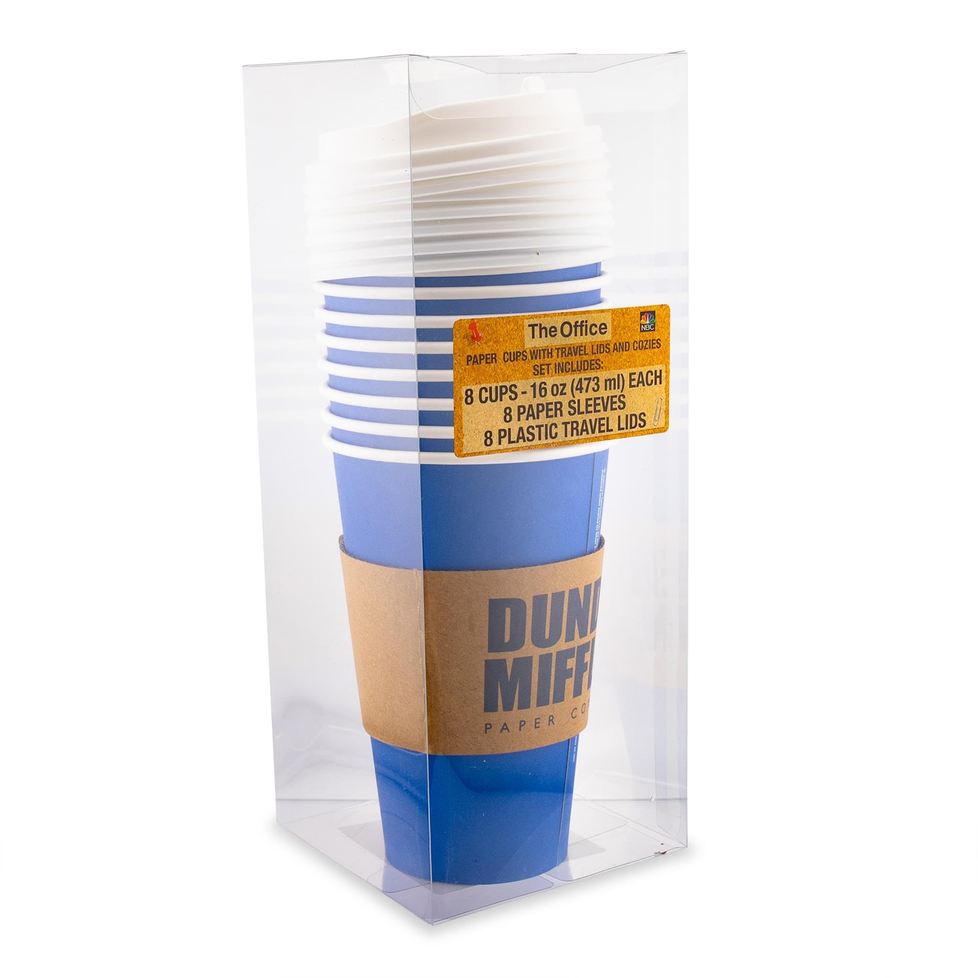 Silver Buffalo The Office Dunder Mifflin 8Pk Paper Travel Disposable Cups With Lid, 16 Ounces
