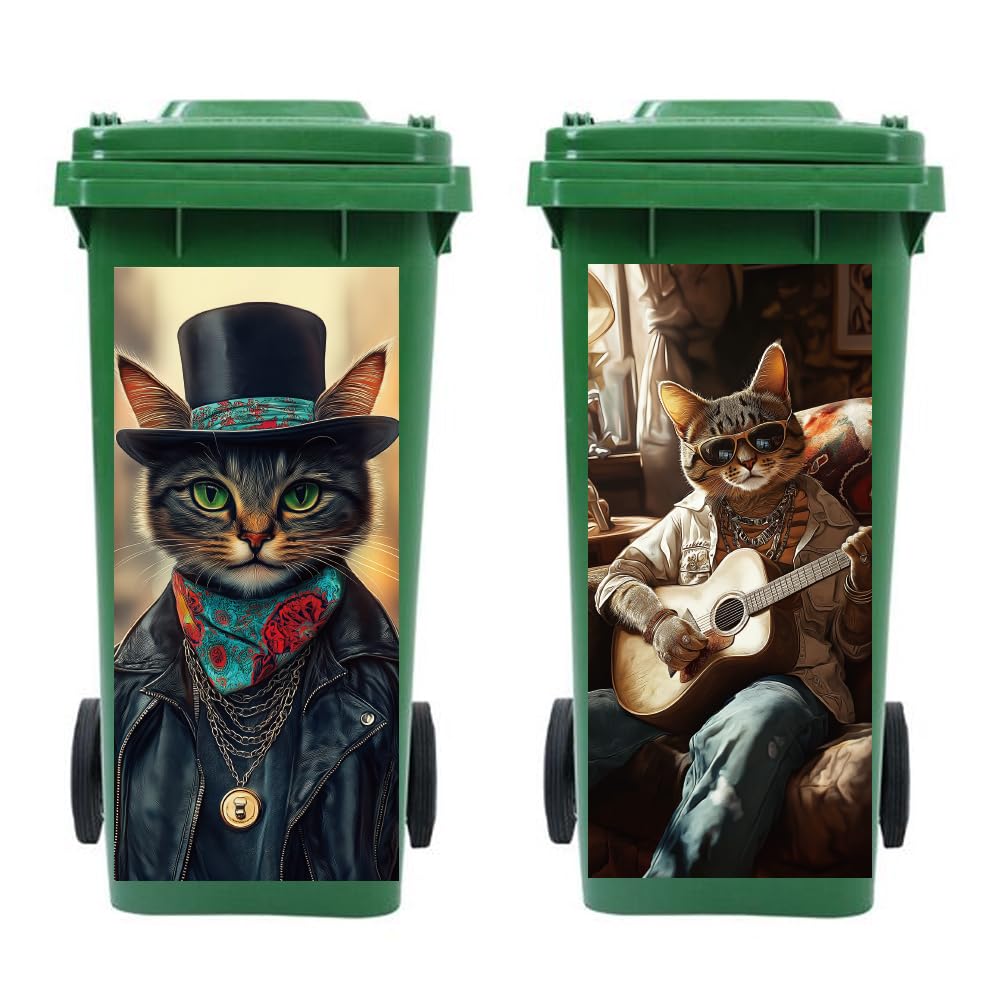 Peacoblue Wheelie Bin Stickers 2 Sheets Cool Cat Sticky Dustbin Stickers Decals, 15 x 32 Waterproof Large Wraps for Trash Cans B