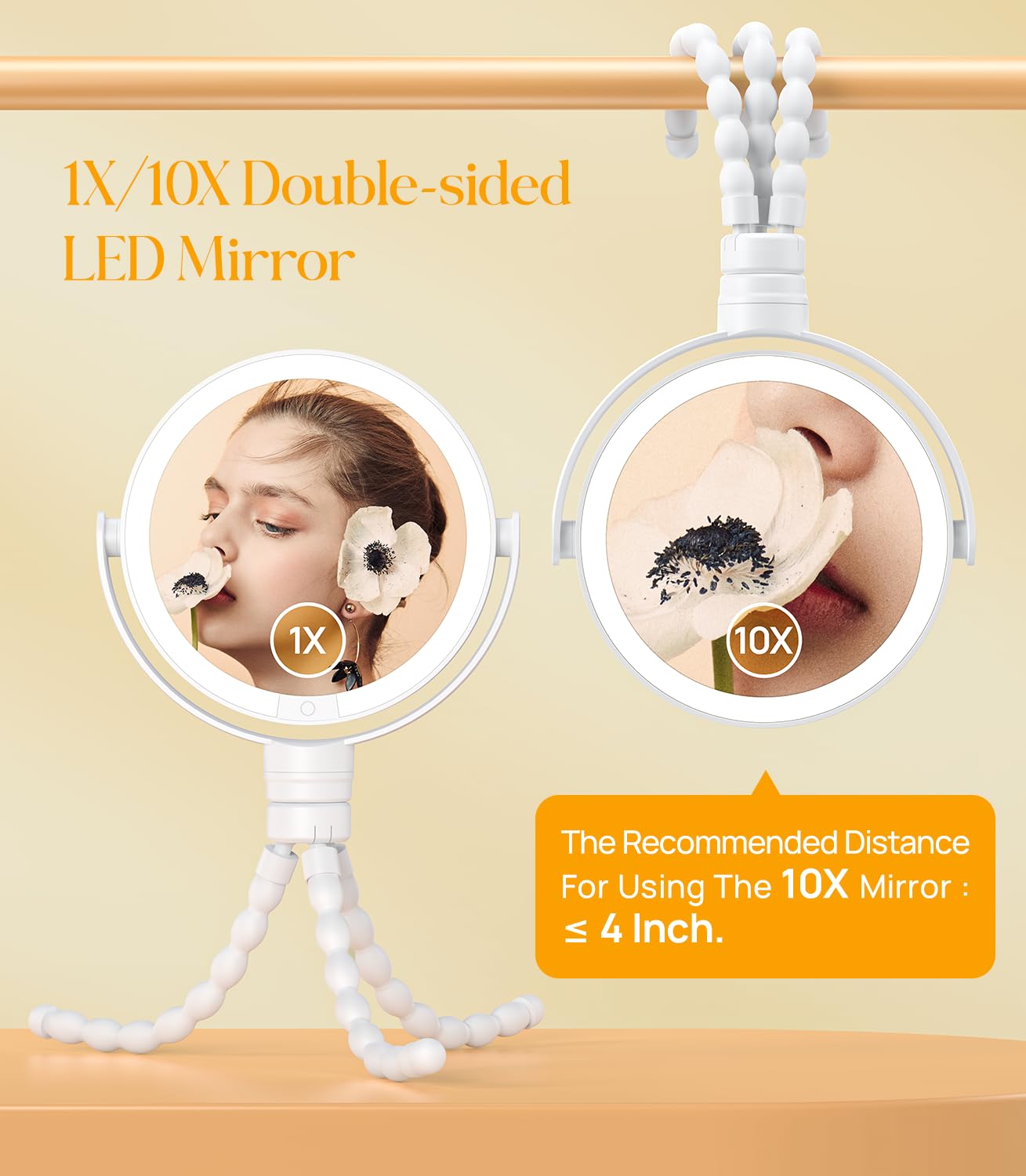 Gospire 5.85    Tripod Travel Makeup Mirror With Lights And Magnification 1X/10X, 4 In 1 Winding Hanging Handheld Tabletop, 3 Li