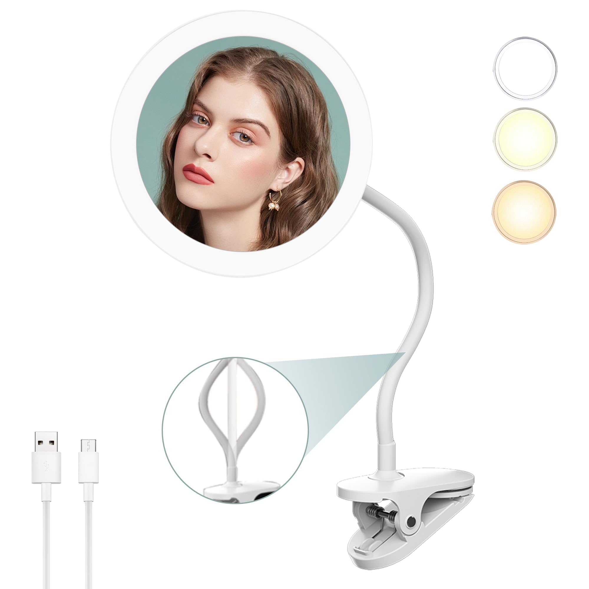 6.5'' Clip On Magnifying Vanity Mirror With Light, 5X Magnifying Clip-On Gooseneck Vanity Mirror, 2000Mah Usb Magnifying Mirror