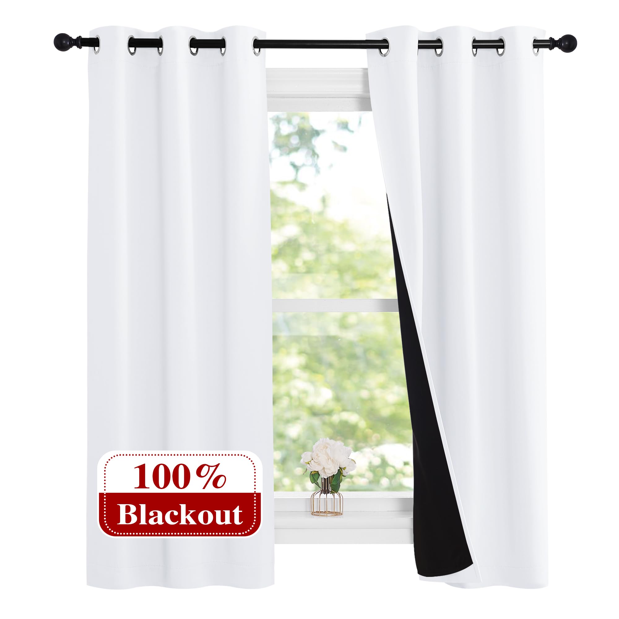 NICETOWN Pure White 100% Blackout Lined Curtains, 1 Pair, 37 Width x 60 Length Each Panel, 2 Thick Layers Narrow Wide Window Tre