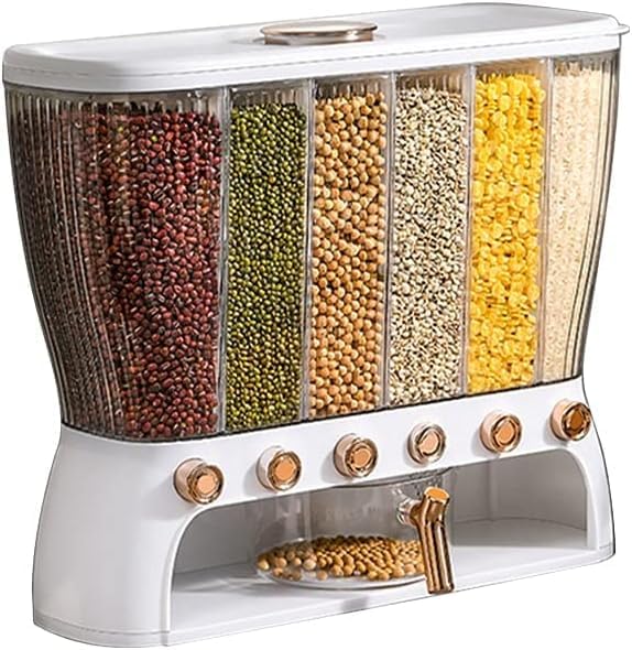 Meneflix Dry Food Dispenser, Rice Container, Bulk Food Storage, Grain Canisters - 6 Grid, Moisture Proof/Airtight Dry Food Stora