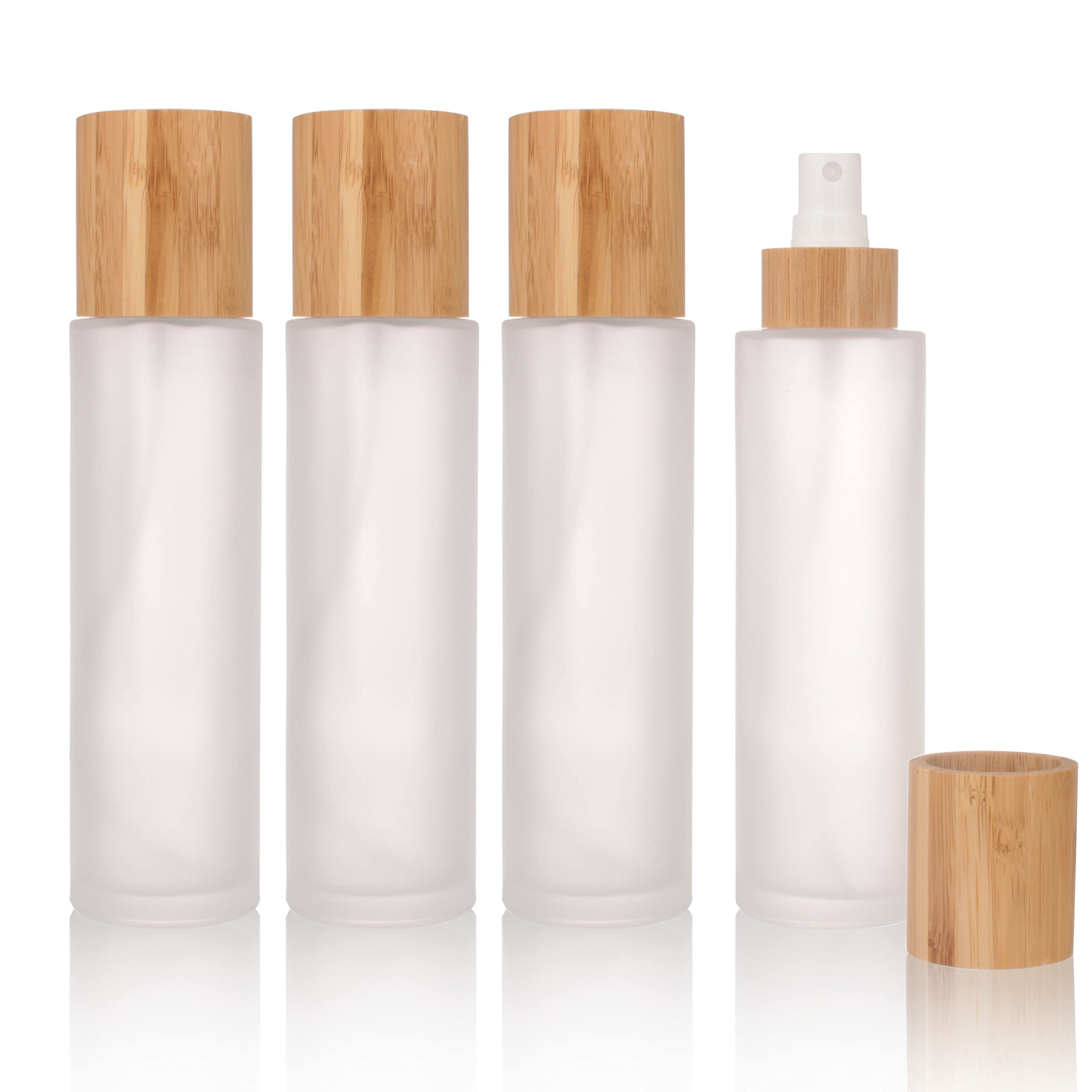 Cosidea 4 Pcs Empty5Oz /150Ml Bamboo Lid Frosted Glass Spray Bottle With Fine Mist Despenser Head For Liquid Perfume Toiletries