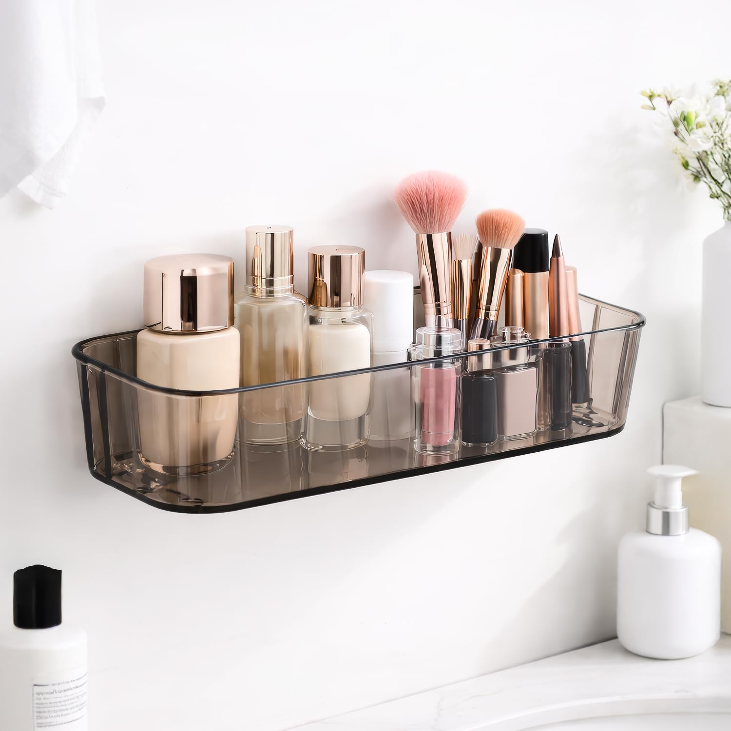 Miorah Self Adhesive Wall Mounted Makeup Organizer | Transparent Plastic Cosmetic Storage Box For Bathroom & Vanity | No Drill B