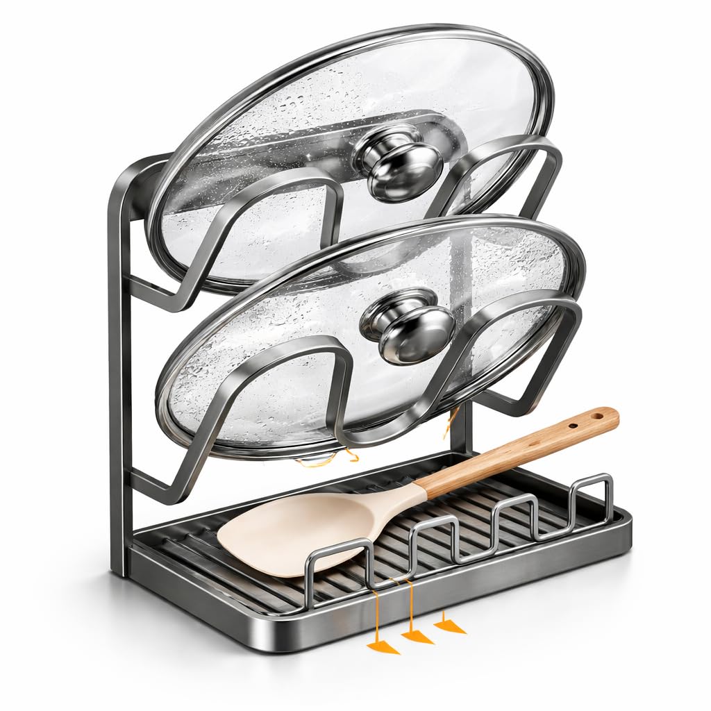 NUOREEL Kitchen Pot Lid Organizer, ExtraWide Kitchen Pot Lid Storage Rack for Bigger Lids, HeavyDuty Carbon Steel Frame with R