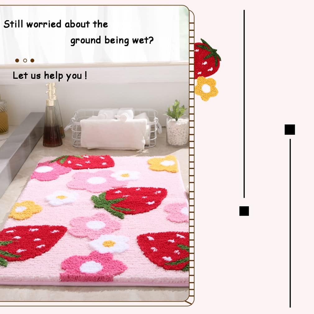 Liketn Soft Cozy Strawberry Bathroom Rugs Cute Bath Mat Doormat Non Slip Washable Shaggy Bedroom Runner Rug Funny Flower Absorbe