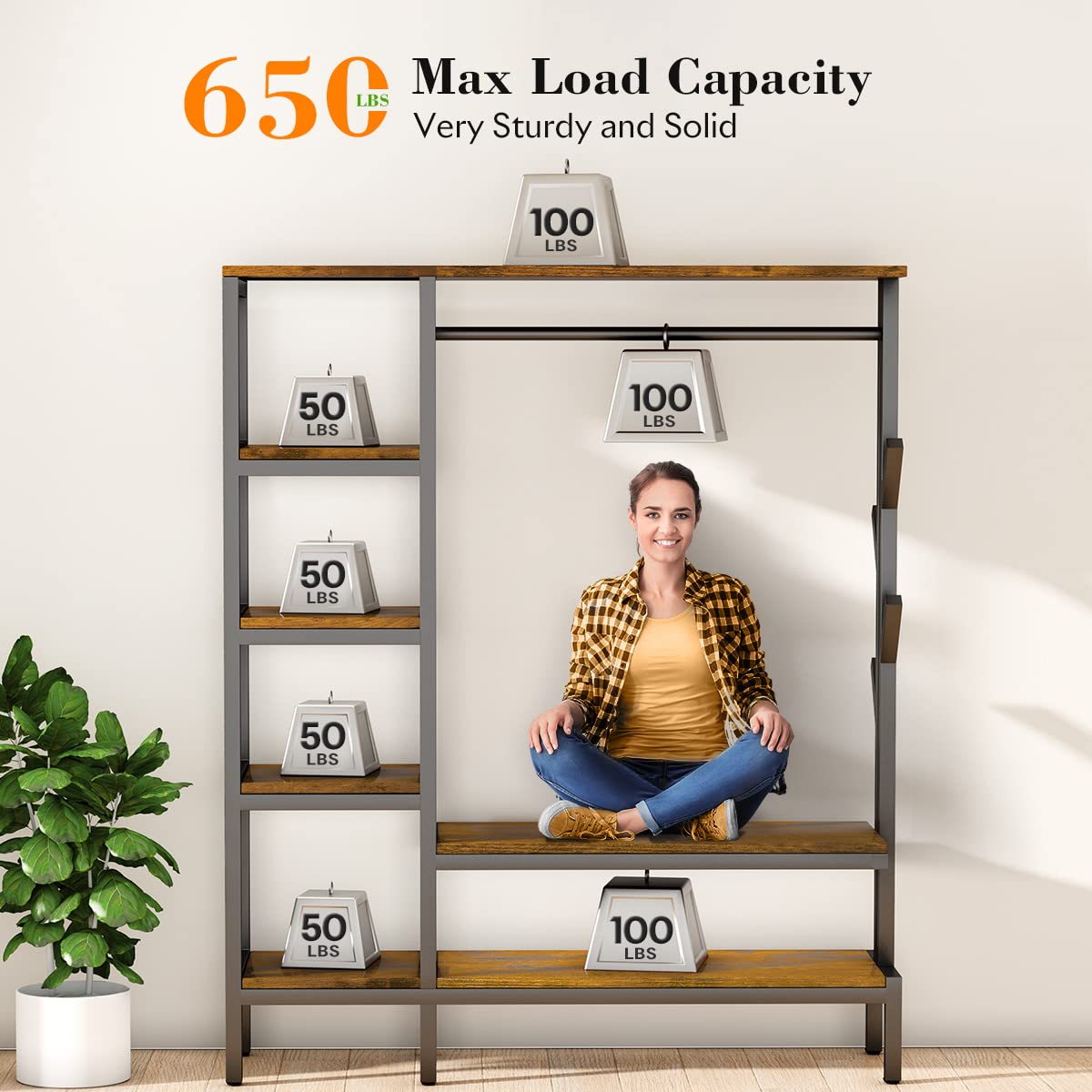 Hokeeper 650Lbs Capacity Heavy Duty Clothing Rack With Shelves Freestanding Closet Organizer With Hooks Metal Wardrobe Closet Or