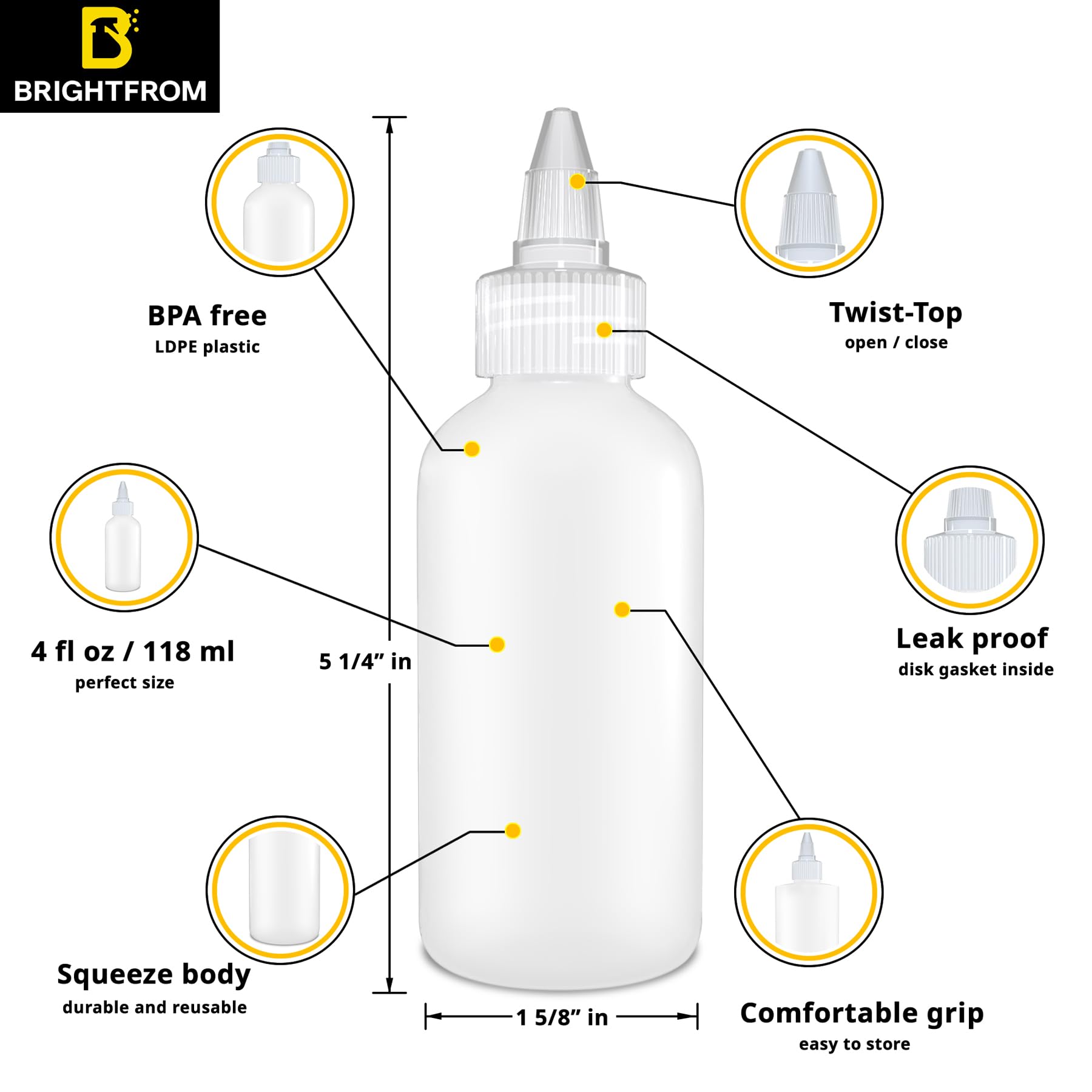 Brightfrom Condiment Squeeze Bottles - 4 Oz Squirt Empty Bottles, Clear Twist Top Cap, Leak Proof - Great For Ketchup, Mustard,