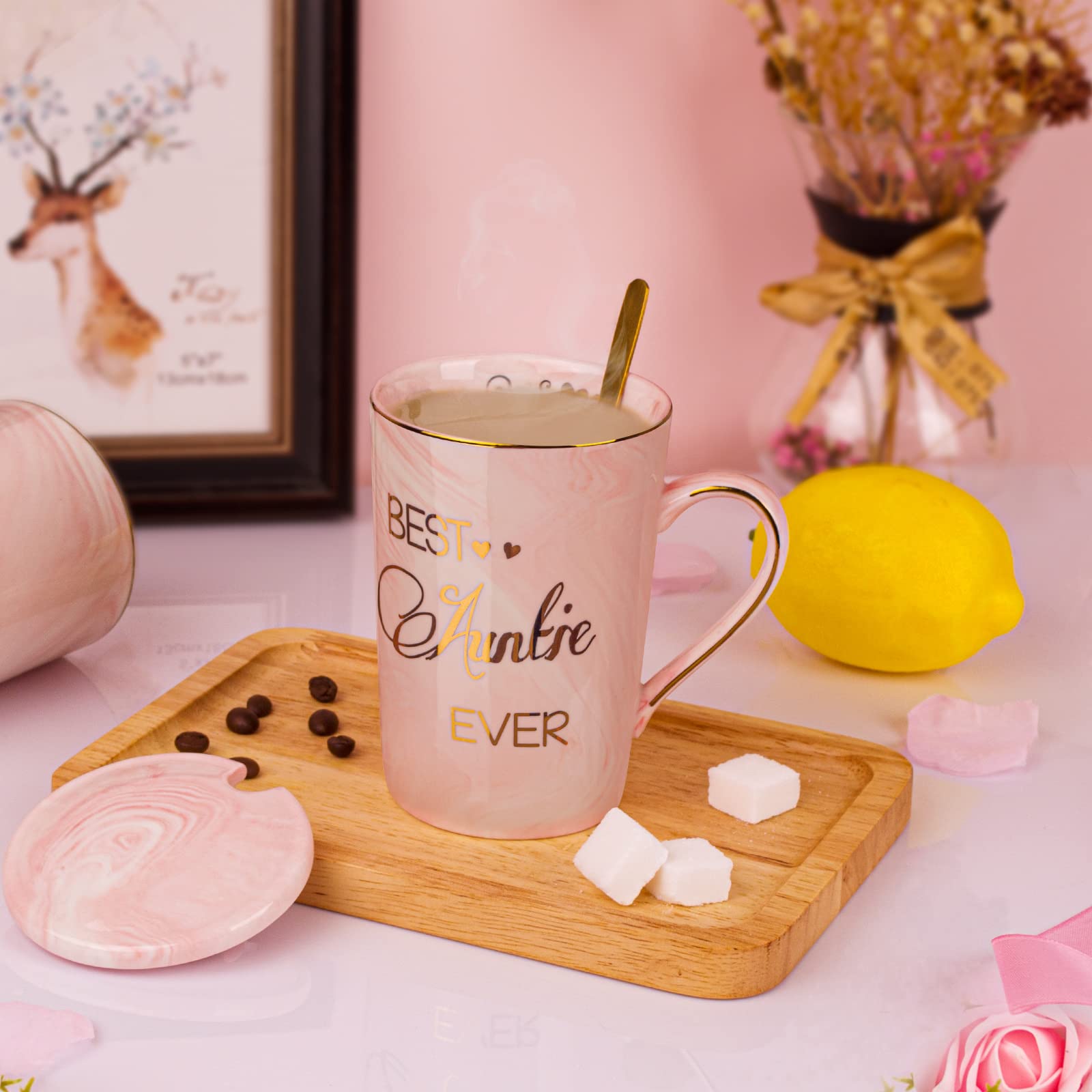 Aunt Gifts from Niece  Nephew - Gifts for Aunt - Best Aunt Ever Gifts Mug - Funny Happy Birthday Christmas Present for Aunt  Auntie  Aunty - Marble Ceramic Coffee Mug Gifts Box Printed Gold 14 Oz Pink