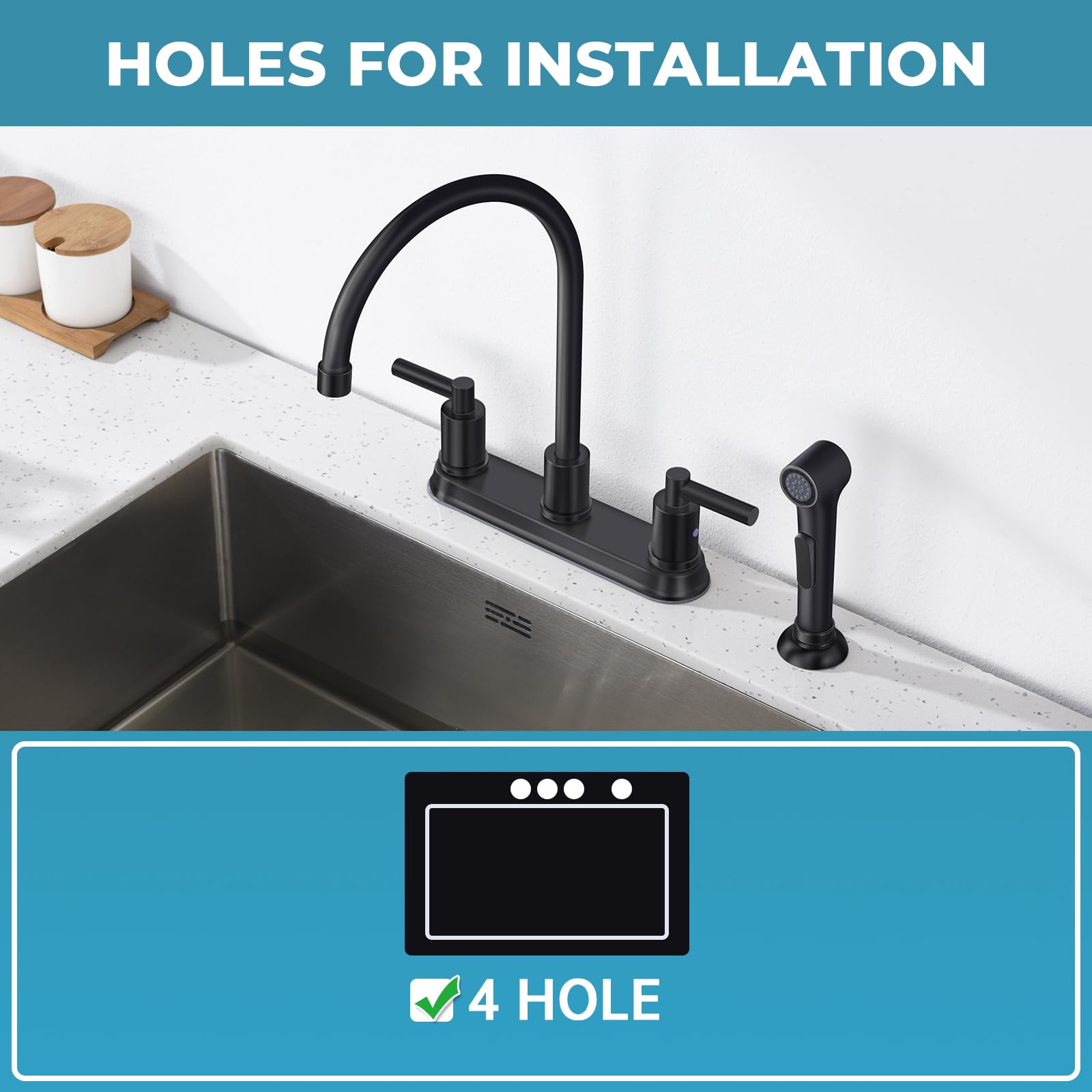 Arrisea 8 Inch Centerset Two Handle Kitchen Faucet With Pull Out Side Sprayer With Pause Mode,10 Inch High Arc Black 4 Hole Stai