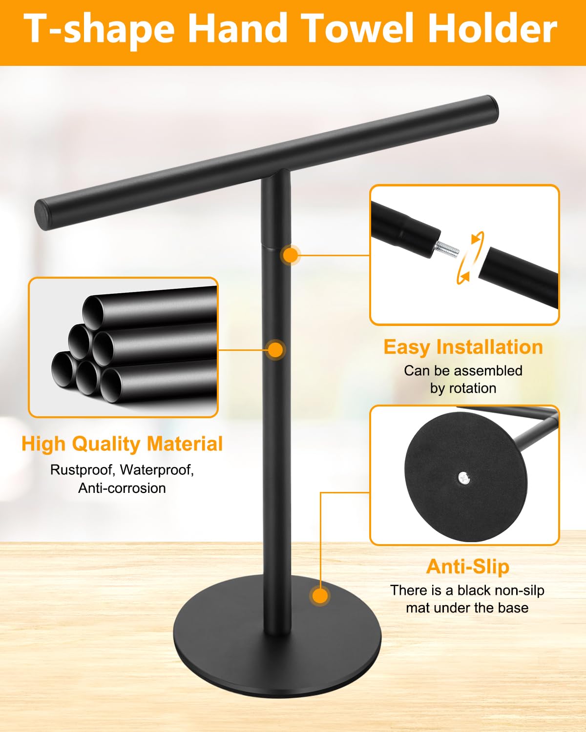 Hand Towel Holder For Bathroom, T-Shape Free Standing Towel Bar Rack Stand, Matte Black Hand Towel Rack For Bathroom Kitchen Van