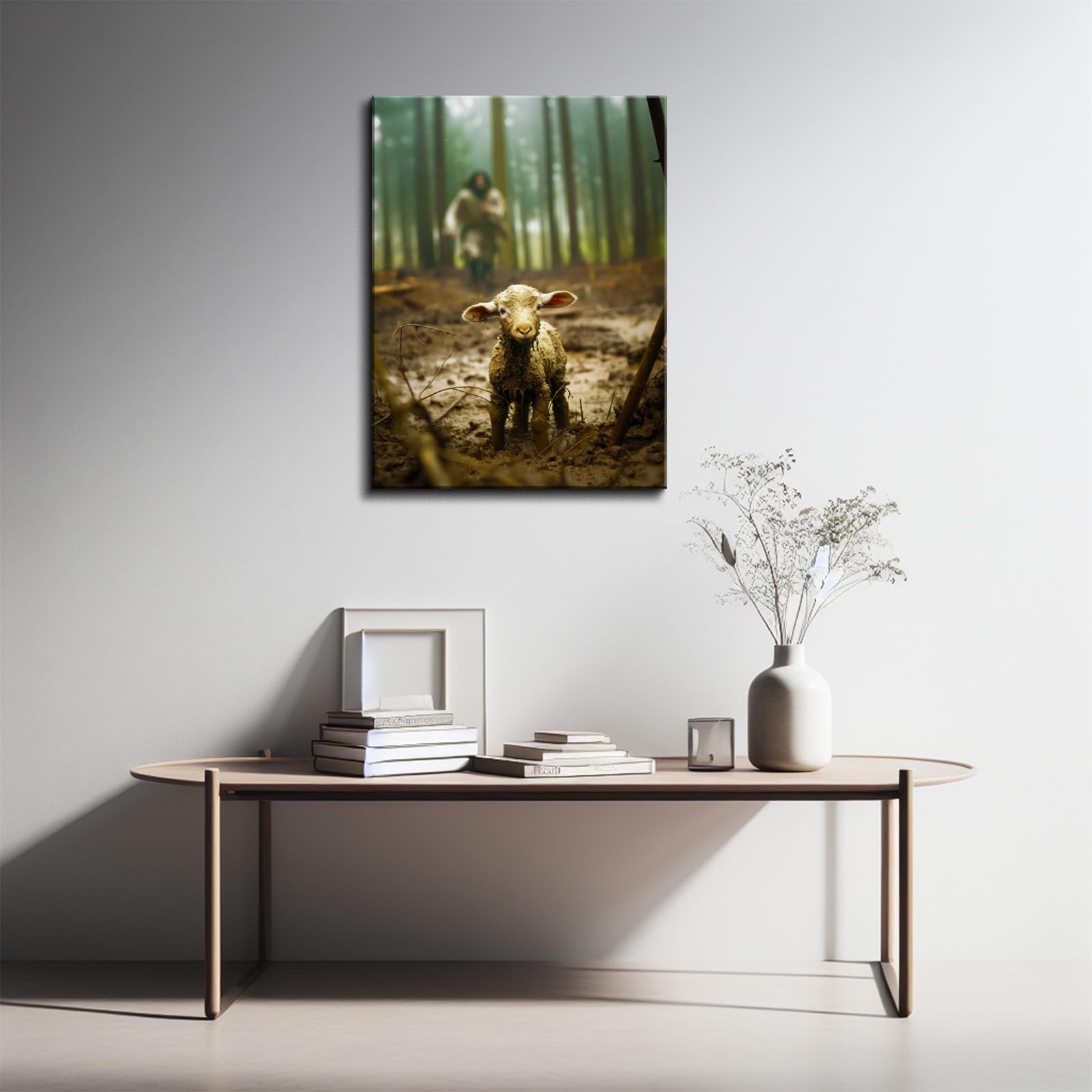 Yonica Christian Wall Art Jesus Chasing Lost Lamb Canvas Print Inspirational Wall Decor 28X40 Inch Home Decor