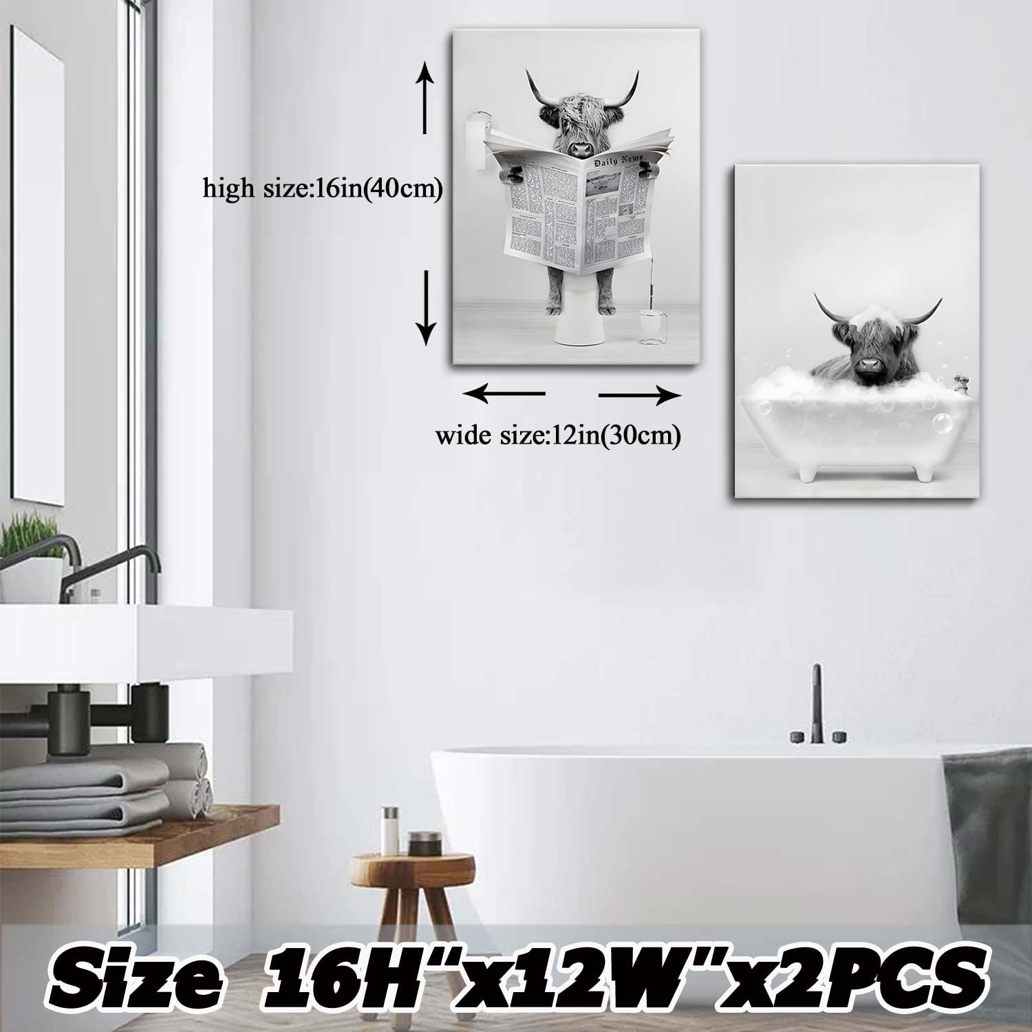 Framed 2 Pieces Bathroom Wall Art Funny Highland Cow Canvas Cow In Bathtub Prints Cute Animal Abstract Prints Modern Home D  Cor