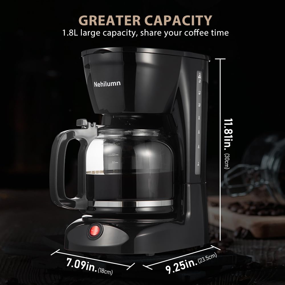 Nehilumn 12 Cup Drip Coffee Maker, Coffee Pot Machine Permanent Coffee Filter, Coffee Machines,1.8L Glass Carafe Electric Coffee