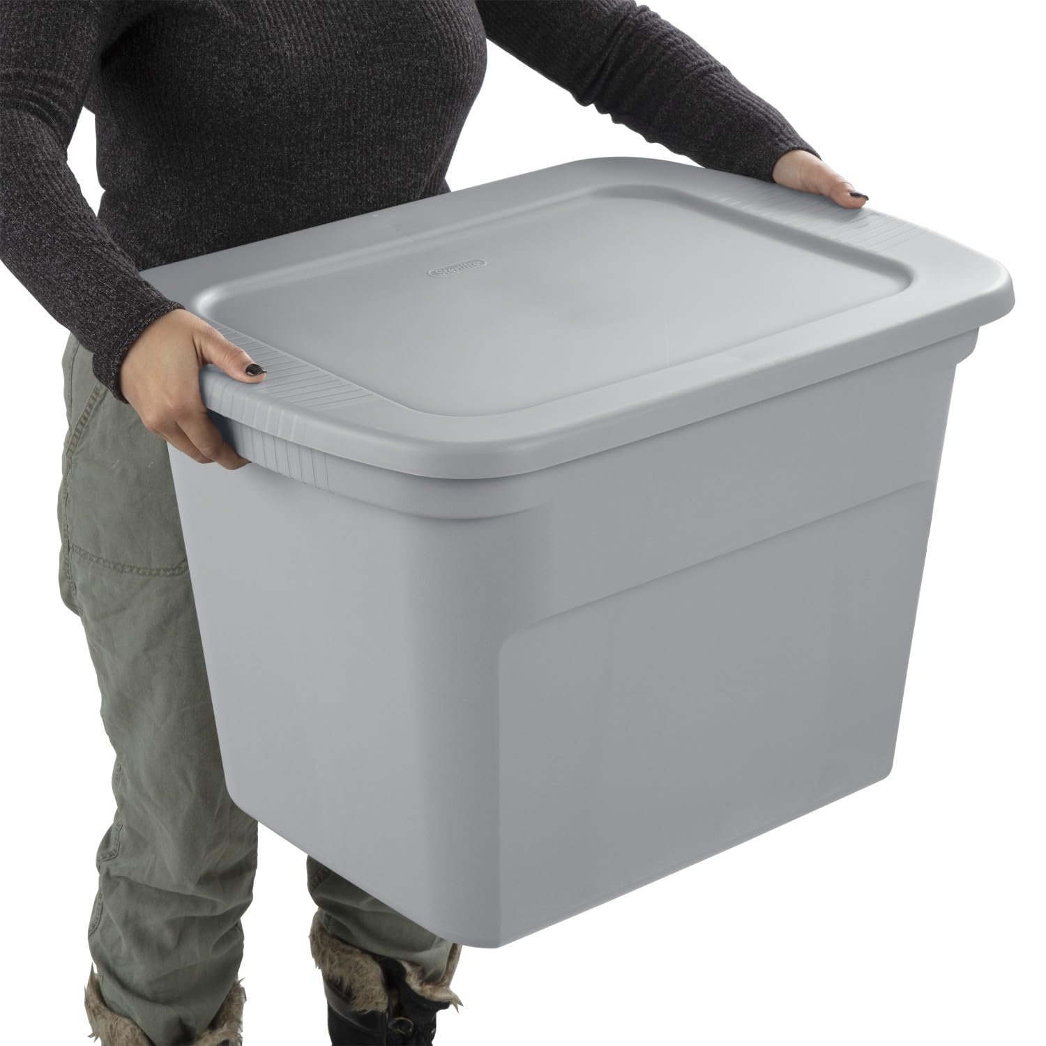 Sterilite 18 Gal Storage Tote, Stackable Bin With Lid, Plastic Container To Organize Clothes In Closet, Basement, Gray Base And