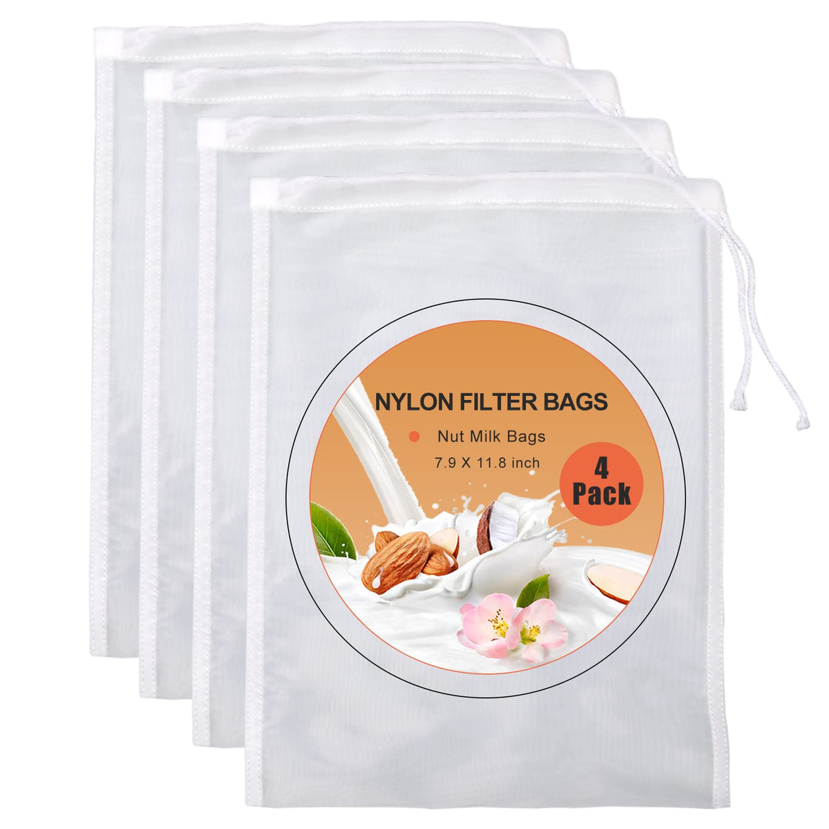 Kimmama 4 Pack Nut Milk Bag,Food Grade Nylon Nut Bag Strainer,7.9 X 11.8 Inch Cheese Cloth Bag For Straining Fruit Juice,Nut Mil