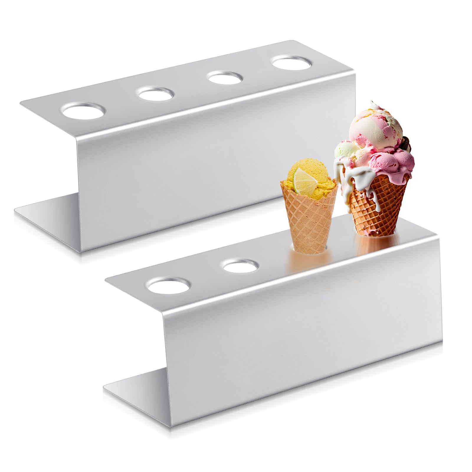 FillTouch 2 Pcs Ice Cream Cone Holder Stainless Steel Waffle Cone Holder with 4 Holes 10.6 x 3.7 x 3.5 Inches Cupcake Sugar Stan
