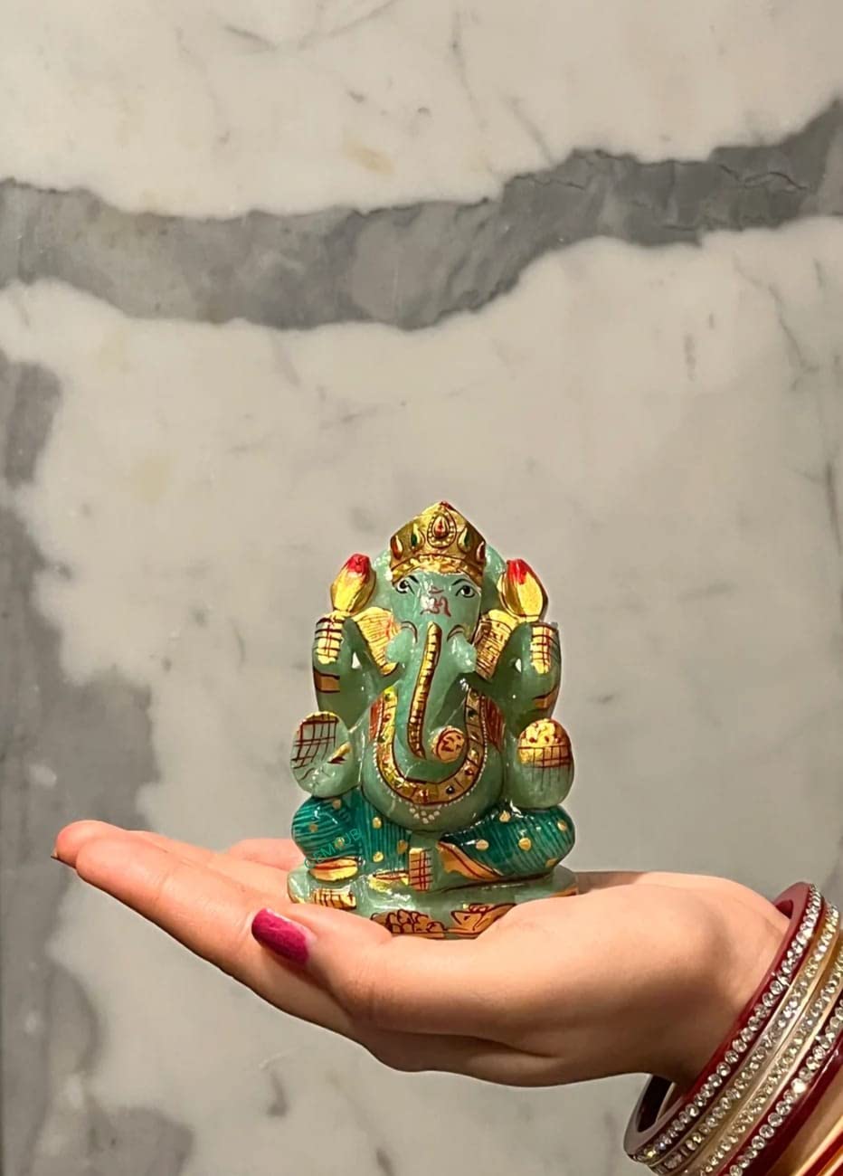 Gemtub Handcrafted And Hand Painted Natural Green Aventurine Ganesha Idol Ganesh Ji Murti For Home And Gifting Purpose Size 3 In