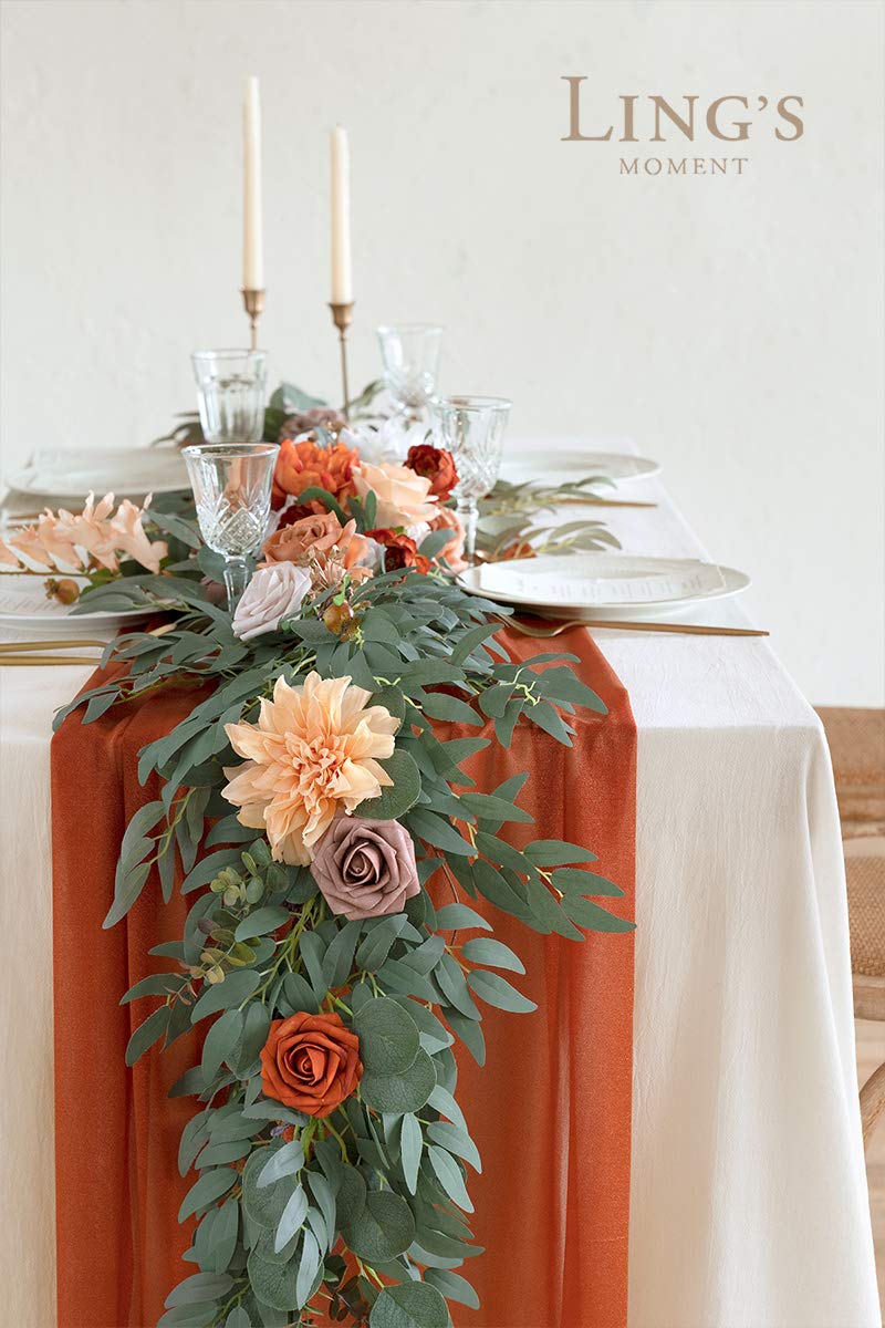 Ling'S Moment 14Ft Terracotta Sheer Chiffon Like Table Runner With Silver Sparkle Rust Tablecloth For Wedding Rustic Boho Party