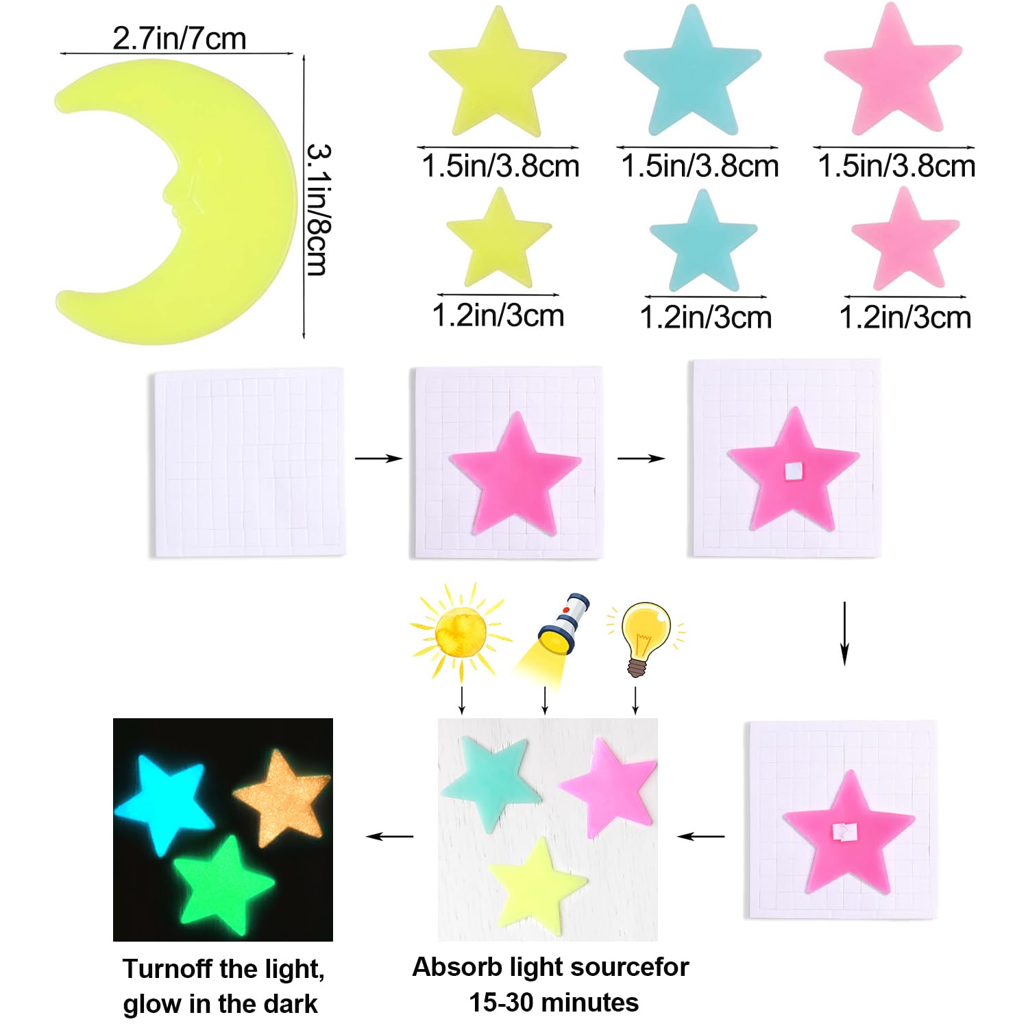 100 Pcs Colorful Glow in The Dark Luminous Stars and Moon Fluorescent Noctilucent Plastic Wall Stickers Murals Decals for Home Art Decor Ceiling Wall Decorate Kids Babys Bedroom Room Decorations