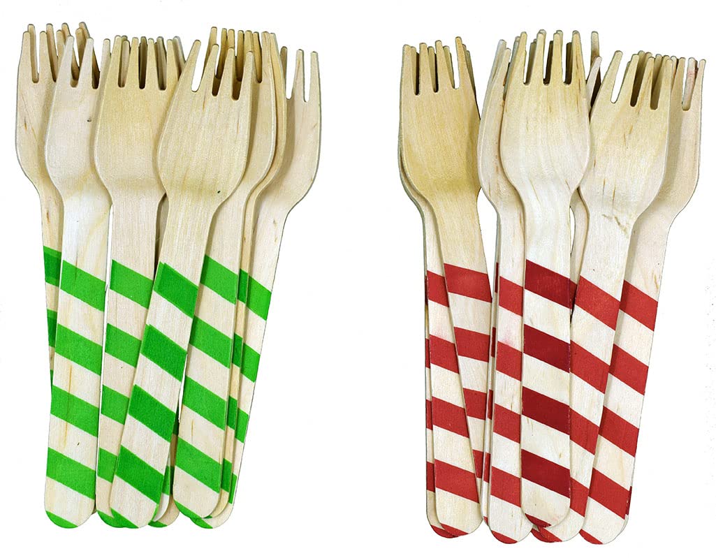 Perfect Stix Red And Green Striped Wooden Printed Forks. Pack Of 50 Printed Forks In Red And Green. 6 Inches In Length.Eco-Frien