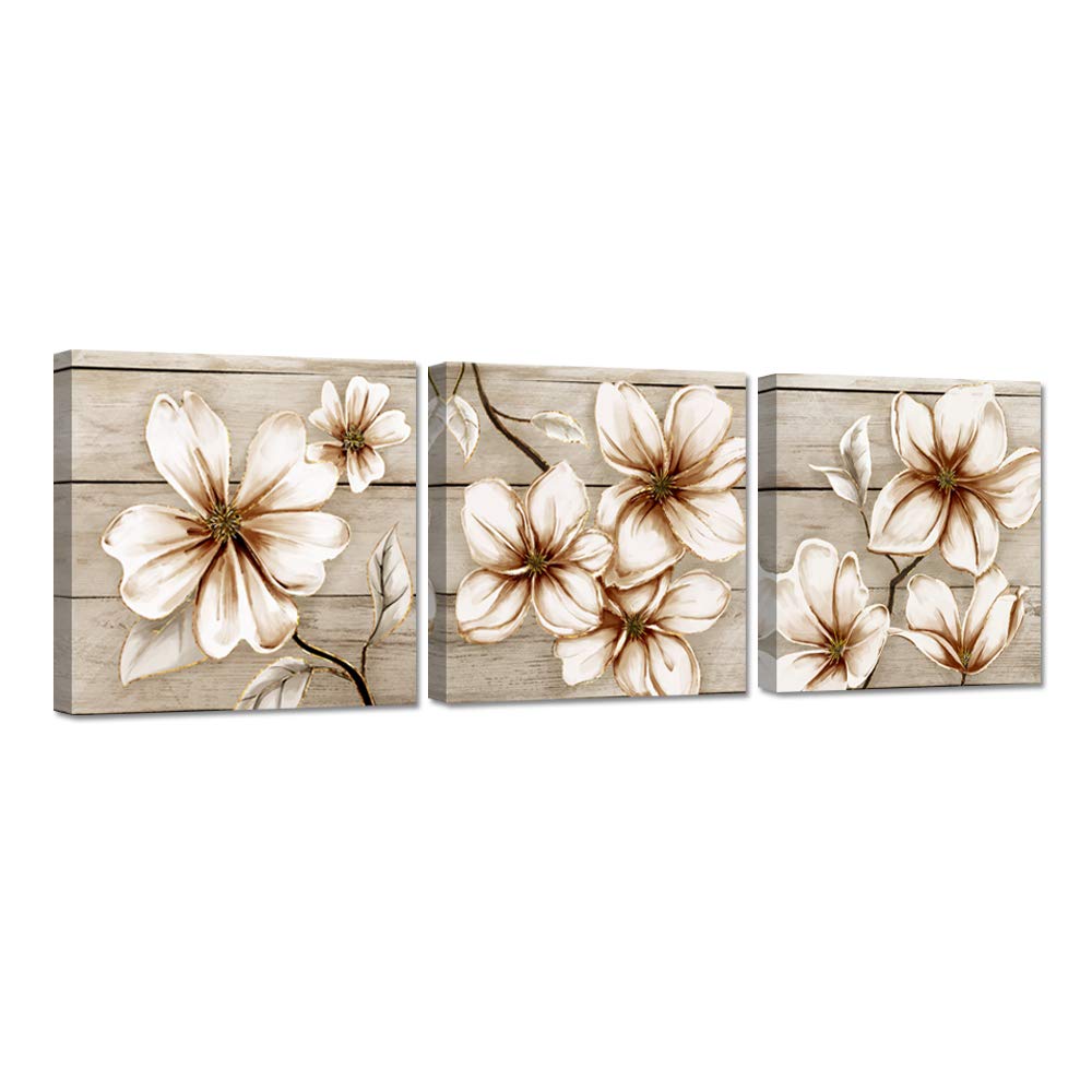 Zlove 3 Pieces Abstract Rustic Flower Pictures Wall Art Golden Botanical Blossoms Floral Painting Vintage Artwork For Bathroom B