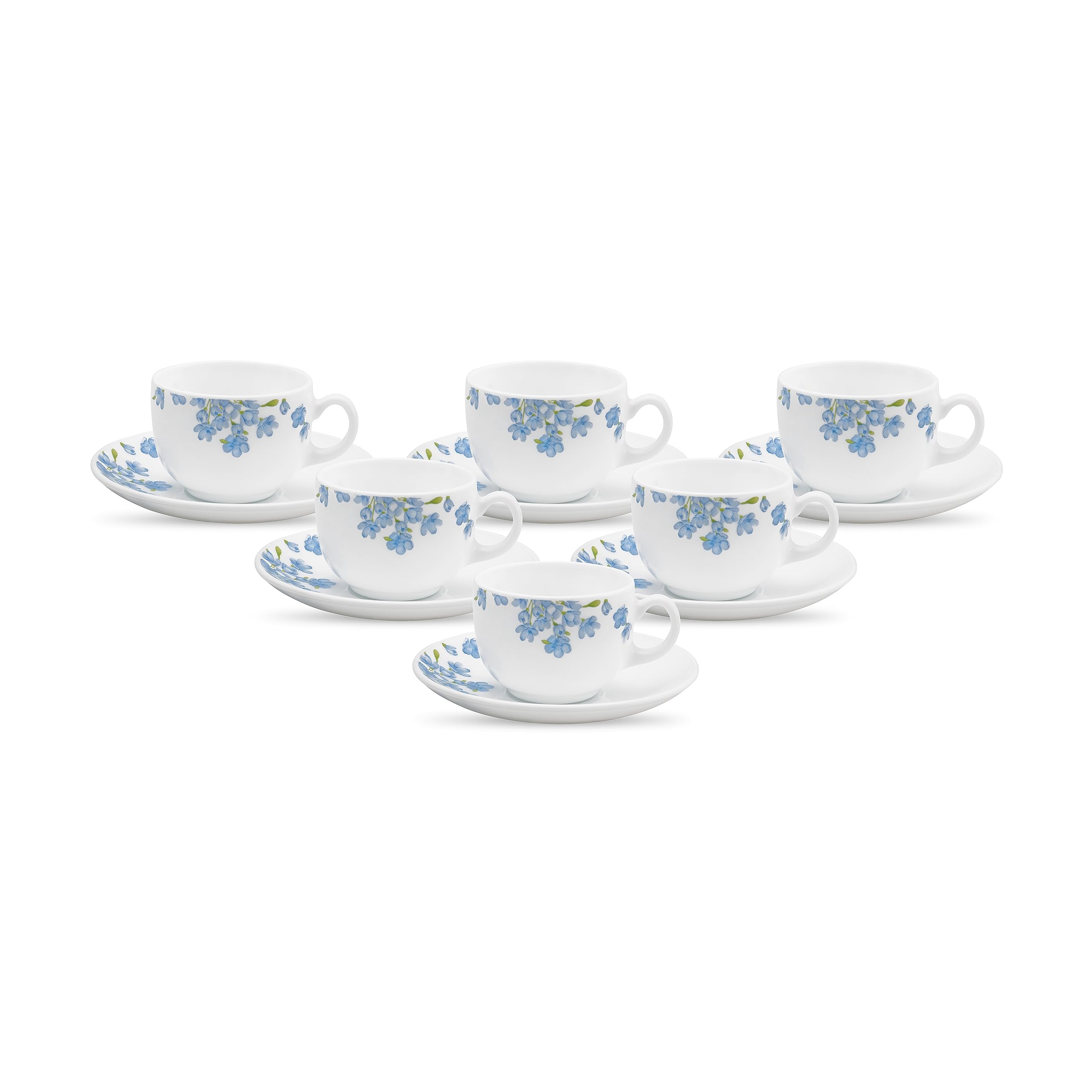 La Opala Diva, Opal Glass Crockery | Cup & Saucer Iris Large, Set Of 12 | Aster Blue, 220 Ml | For Tea & Coffee | Microwave Safe