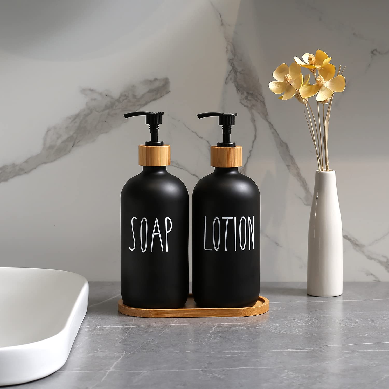 Momeemo Black Soap Dispenser Bathroom Set, Set With Glass Dispenser, Bamboo Pumps & Tray. Hand And Lotion Suitable For Farmhouse