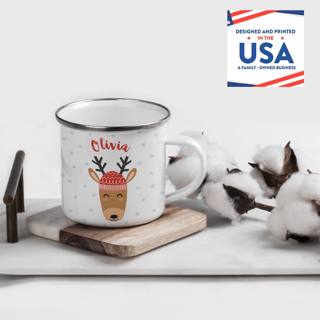 Andaz Press Personalized 11Oz. Christmas Hot Chocolate Stainless Steel Campfire Coffee Mug Gift, Reindeer With Red Hat, 1-Pack,