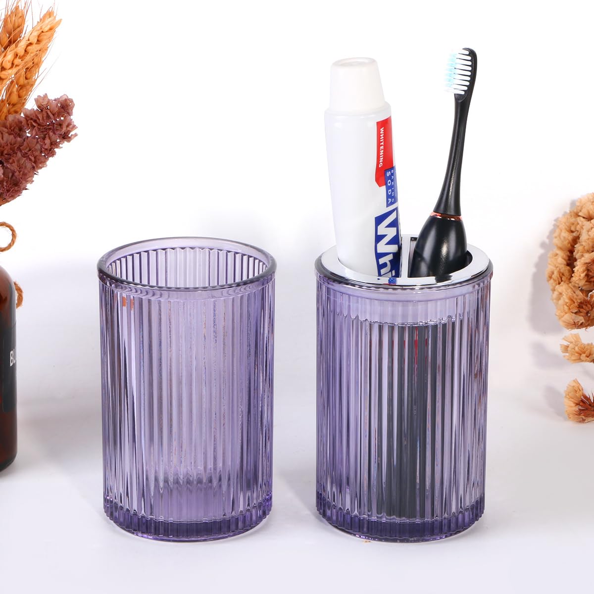 Tonxus Purple Toothbrush Holders for Bathrooms, 2pcs Glass Toothbrush Holder and 12oz Bathroom Tumbler Cup Set, Silver Tooth Bru