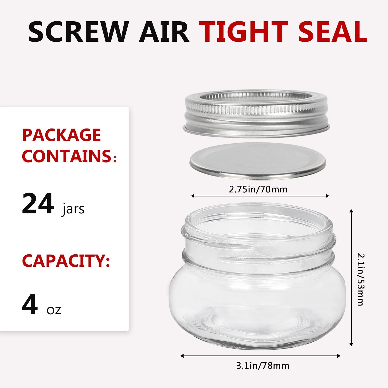 Betrome 4 Oz Mason Jars, 24 Pack 120Ml Glass Canning Jars With Regular Mouth Lids, Glass Jars Storage Containers For Overnight O