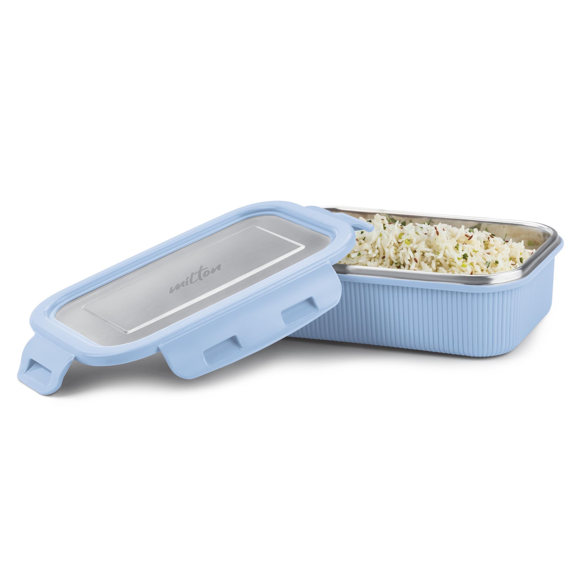 Milton Cool Touch Rectangular 600 Stainless Steel Container, 580 Ml, Blue | Microwave Safe | Food Grade | Bpa Free | Refrigerato