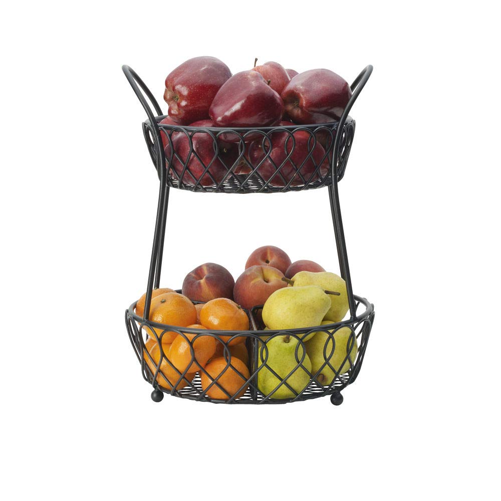 Gourmet Basics by Mikasa Loop and Lattice 2 Tier Divided Round Basket  Black