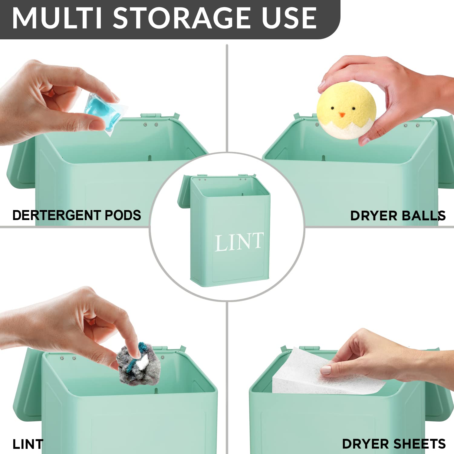 Calindiana Modern Farmhouse Metal Lint Bin For Laundry Room, Mint, 10L