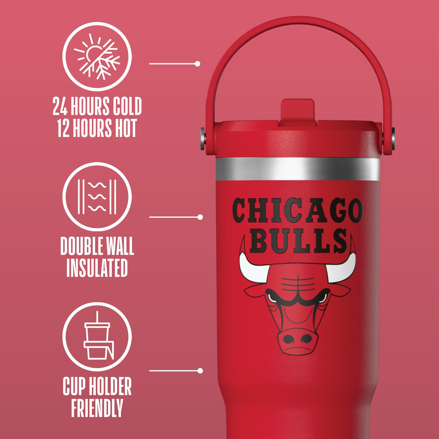 Hydrapeak X Nba Officially Licensed Chicago Bulls 32Oz Nomad Stainless Steel Tumbler With Handle And Straw Lid, Leakproof Water