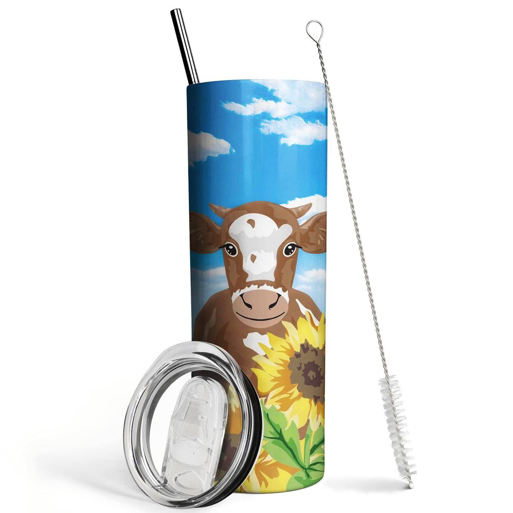 Sunflower Cow Tumbler-Cow Gifts For Women -Insulated Cute Cow Cup, Skinny Tumbler, Coffee Travel Mug, Water Bottle- Birthday Sun