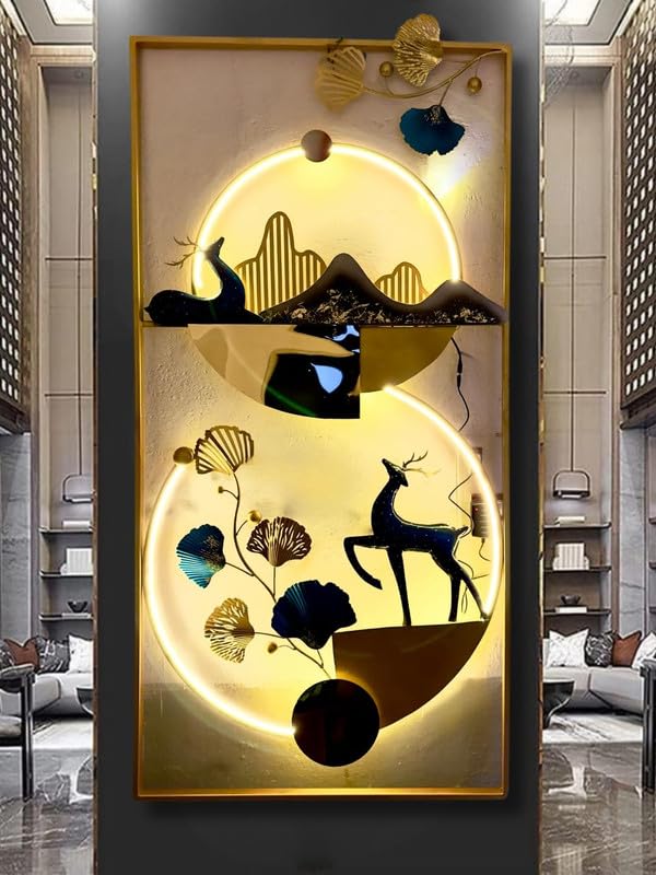 Rsn Big Metal Wall Decor,3D Handmade Deer With Zinko Leaves Iron Wall Art Decor, Large Modern Deer Home Metal Wall Hangings, Liv