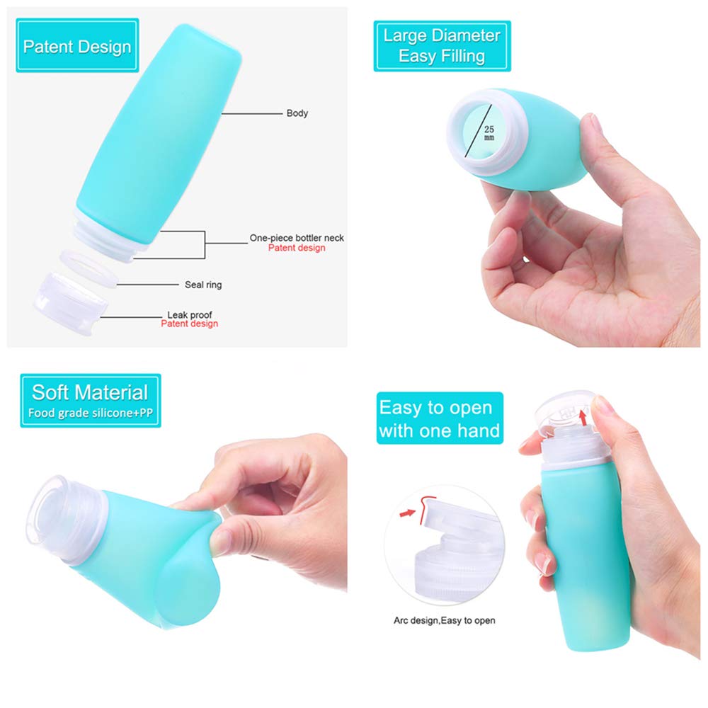 Hubhnb 3.4 Oz 100 Ml Leakproof Silicone Travel Bottles, 4 Pack Portable Refillable Food-Grade Travel Containers