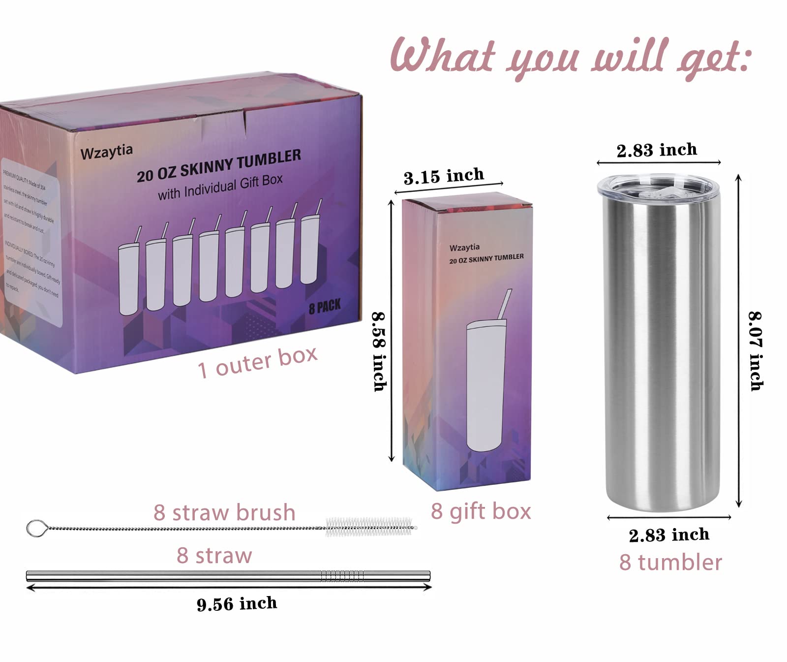 Wzaytia 8 Pack 20 Oz Straight Skinny Tumblers, Individually Gift Boxed Stainless Steel Slim Skinny Tumbler Set Bulk, 20 Oz Insul