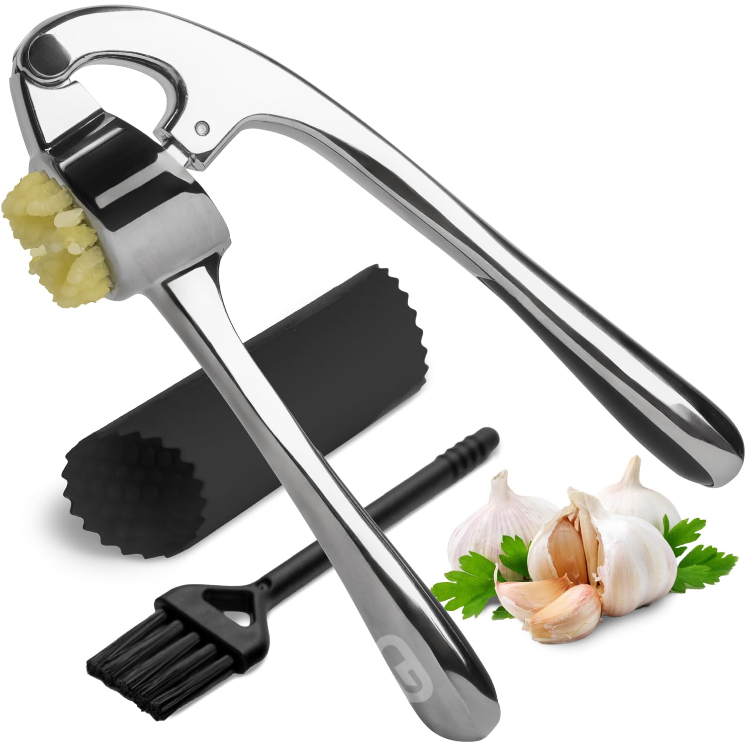 Garlic Press - Heavy Duty Garlic Press Mincer with Ergonomic Handle, Rust-Resistant Zinc Alloy, Dishwasher Safe, Includes Silico