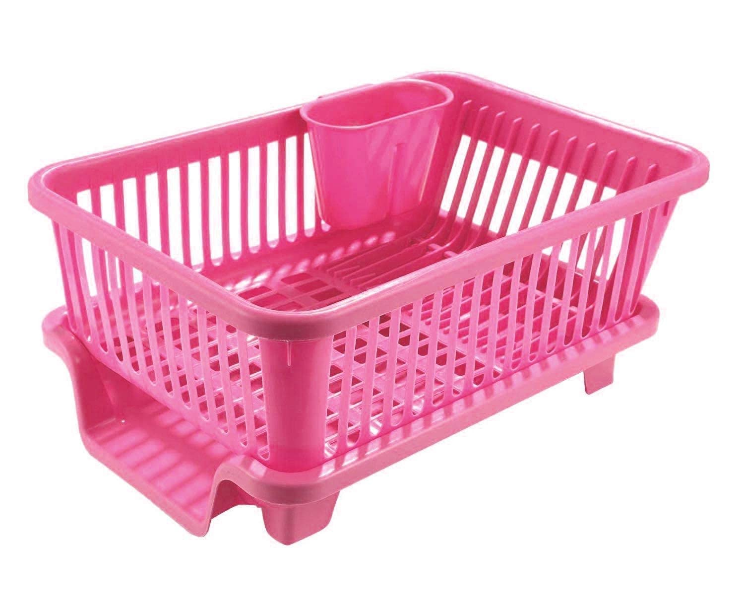 Navrang Pink Plastic Dish Drainer With Drip Tray, Utensil Drying Stand For Kitchen, Plate Rack, Bartan Basket, Sink Counter Top 