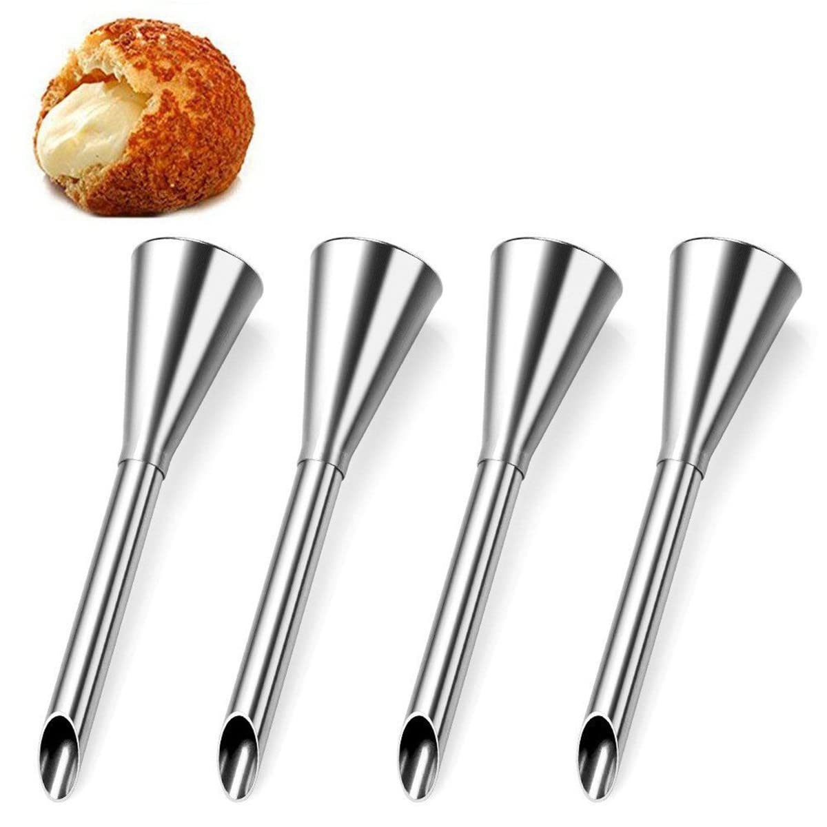 4 Pcs Buttercream Frosting Pipe Nozzle Skills, Professional Stainless Steel Long Cream Puff Adornment Small Cakes Muffin Nozzle