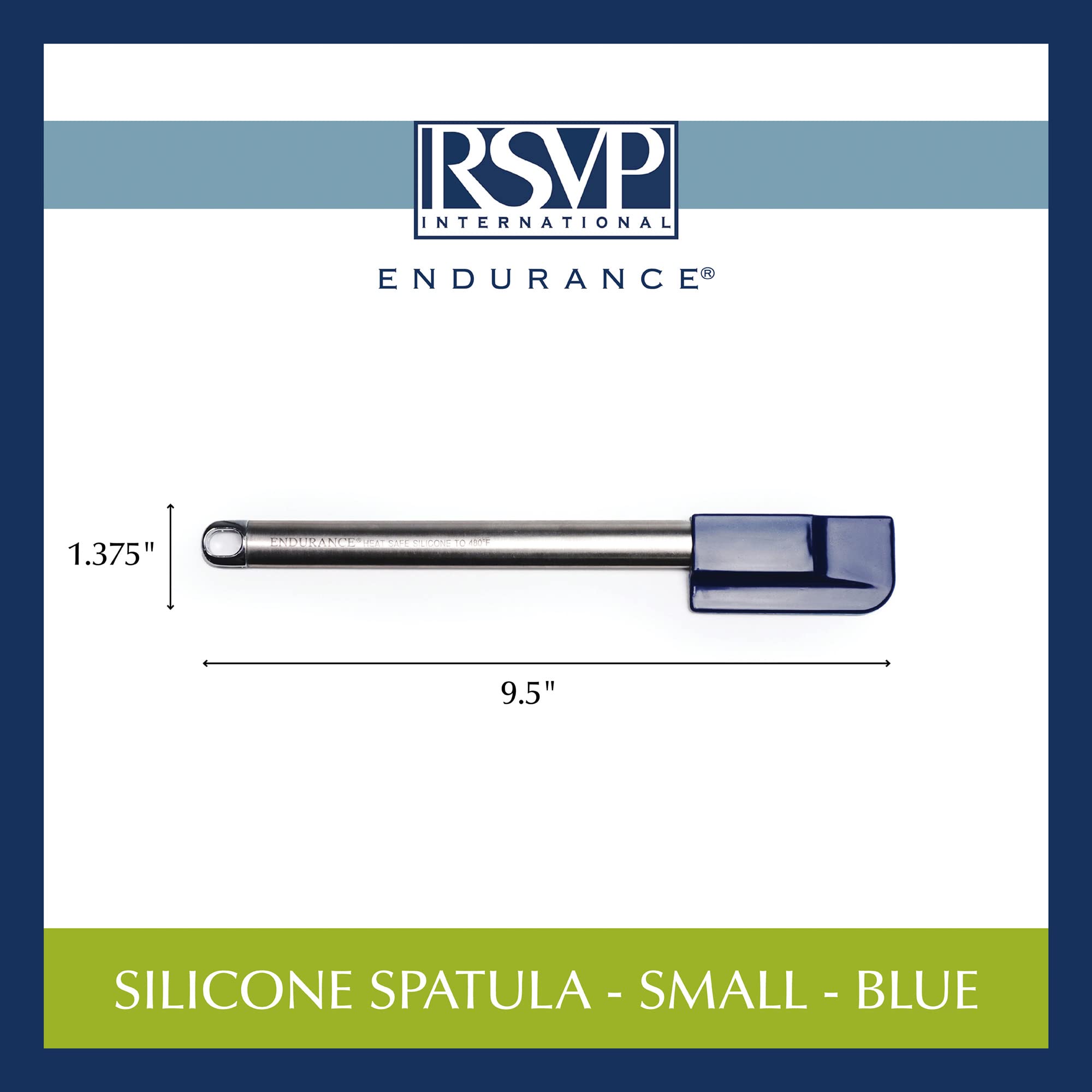 Rsvp International Endurance Kitchen Tool Collection Silicone Spatula, Stainless Steel Handle, 9.5X1.4'', Blue