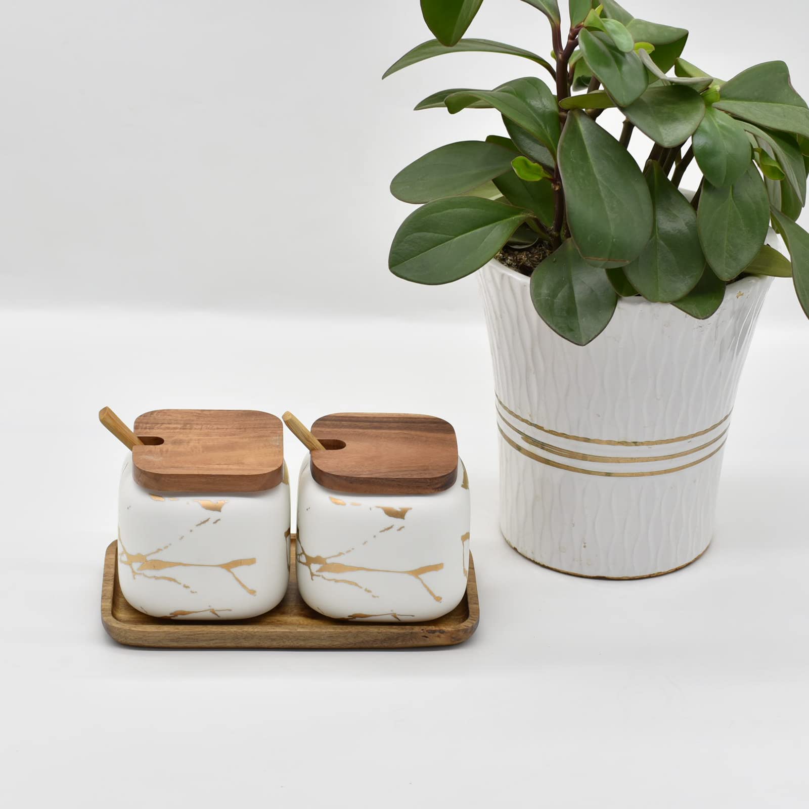 Eimquvw Sets Of 2 Marble Ceramic Seasoning Jars Ceramic Sugar Salt Bowl Condiment Pots With Wooden Lids,Wooden Spoon And Wooden