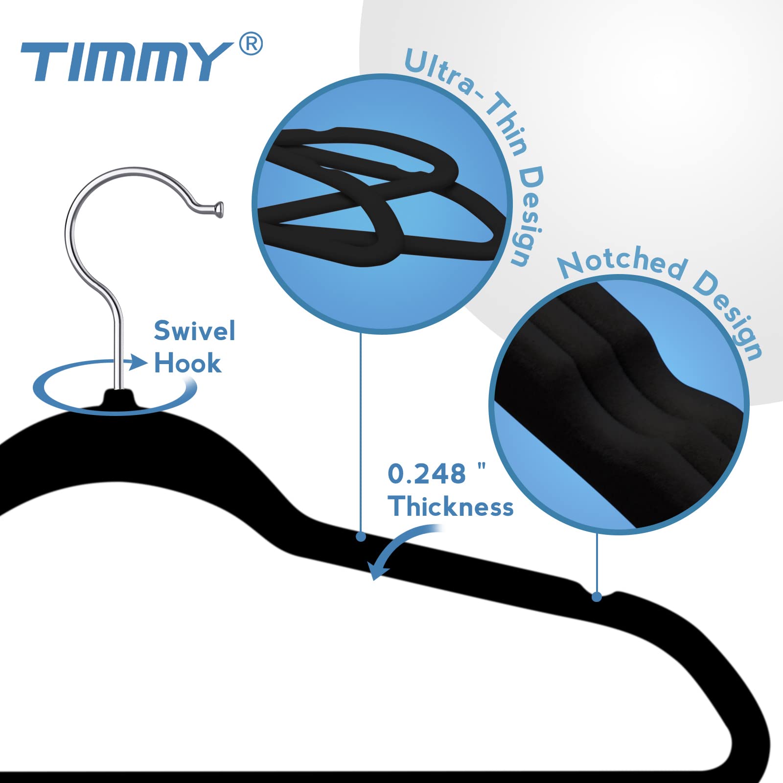 TIMMY Hangers Black Velvet Hangers - Suit Hangers (50-Pack) Ultra Thin Space Saving Coat Hanger and Heavy Duty Clothes Hangers with 360 ? Rotating Hooks for Easy Organization and Hanging