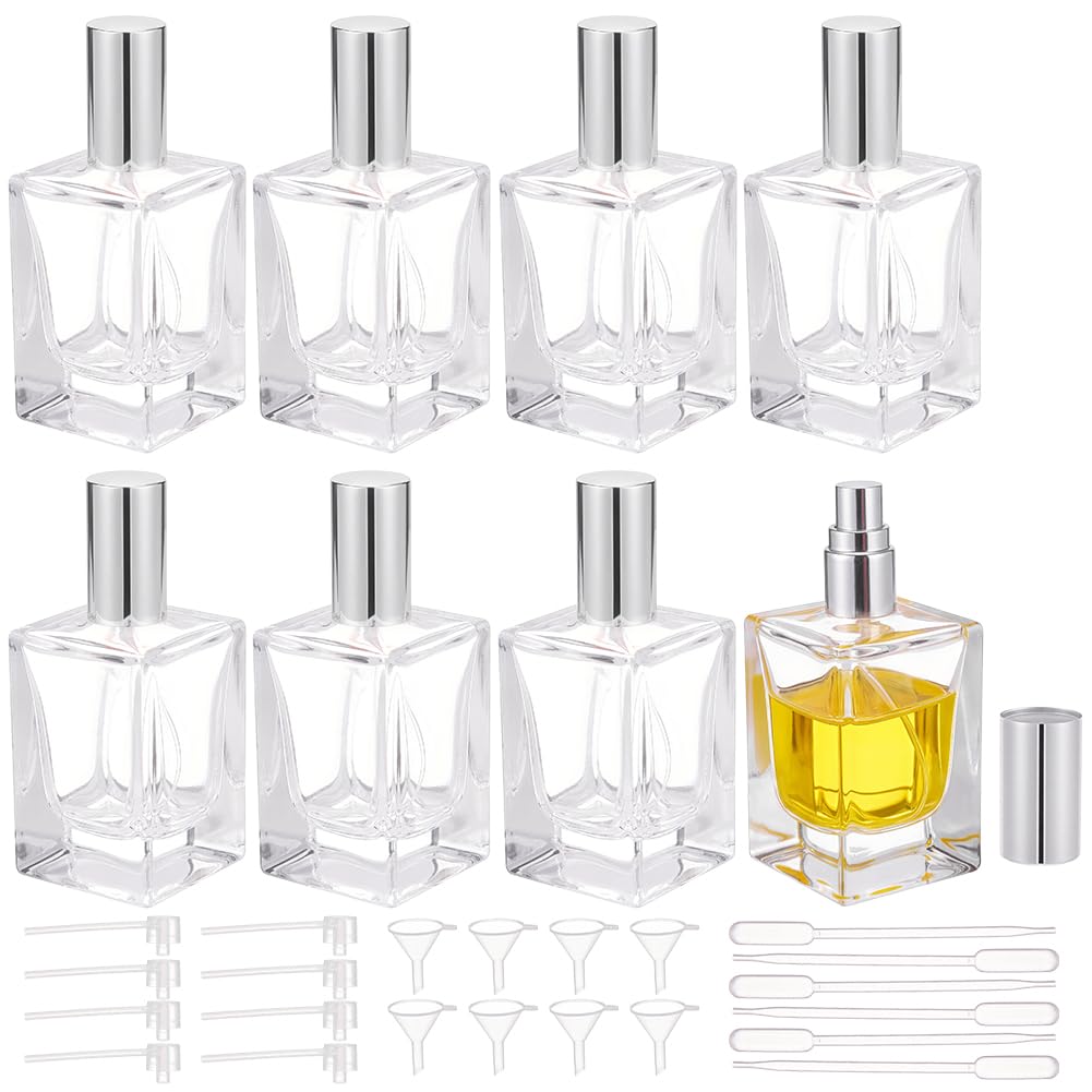 BENECREAT 8 Pack 30ml Empty Glass Perfume Bottles, with 8 Set Refill Tools, Glass Perfume Spray Bottles, Square Travel Bottles f