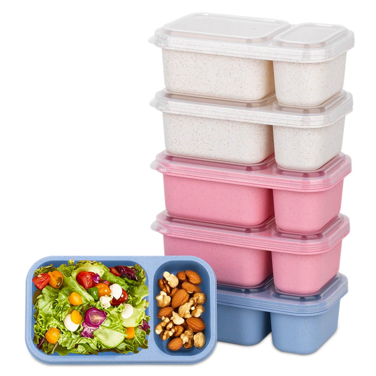 DOSEWART 6Pack 2-Compartment Reusable Snack Containers with Lids, Wheat Straw Reusable Snack Packs for Meal Prep Food Storage On