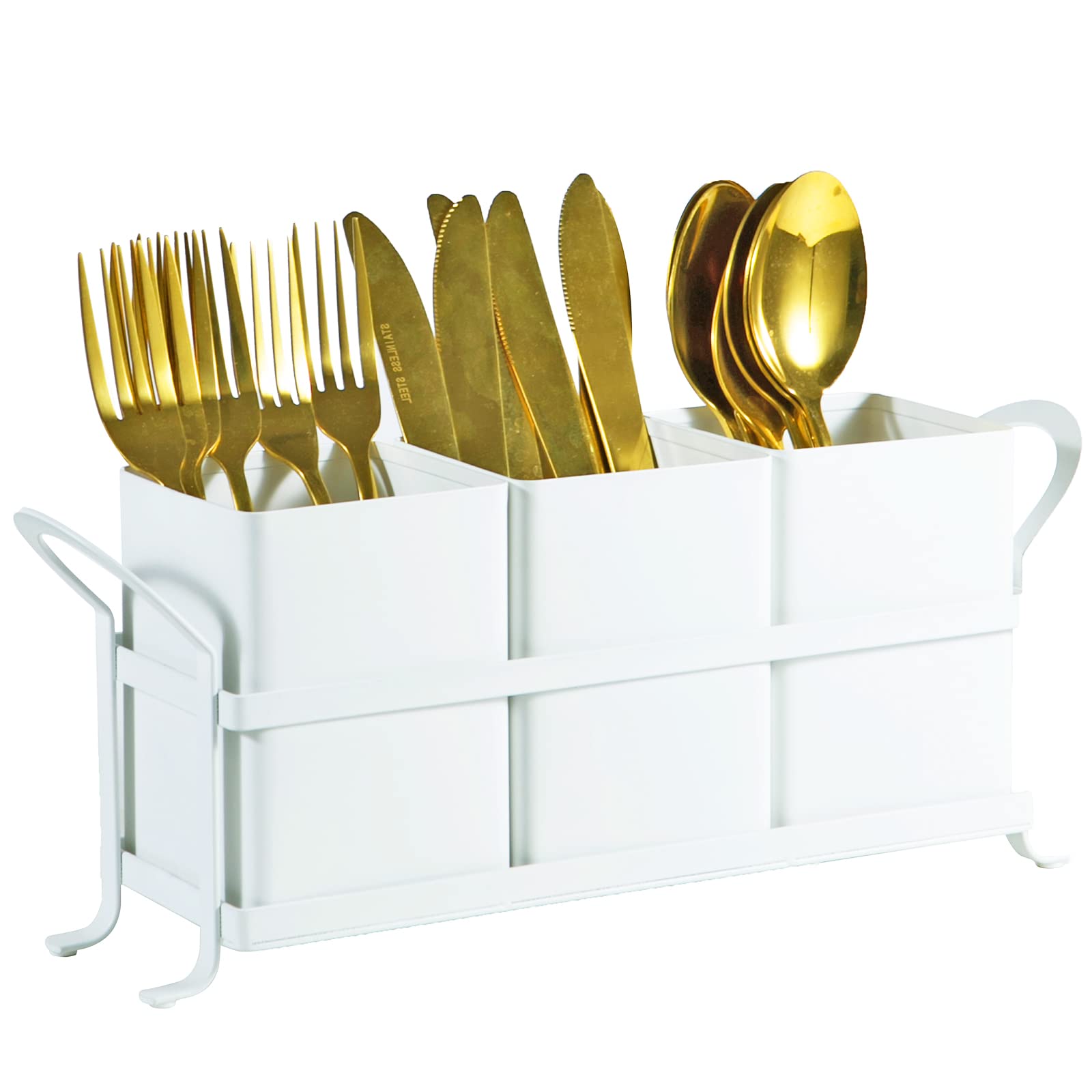 Nelybet White Metal Utensil Caddy, 3 Compartments, Portable Design, Perfect For Countertop, Outdoor, And Camping
