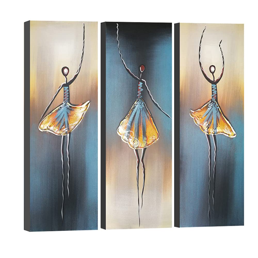 Wieco Art 3 Piece Dancing Ballerina Canvas Oil Paintings Wall Art Decor Large 100% Hand Painted Modern Gallery Wrapped Grey Ball