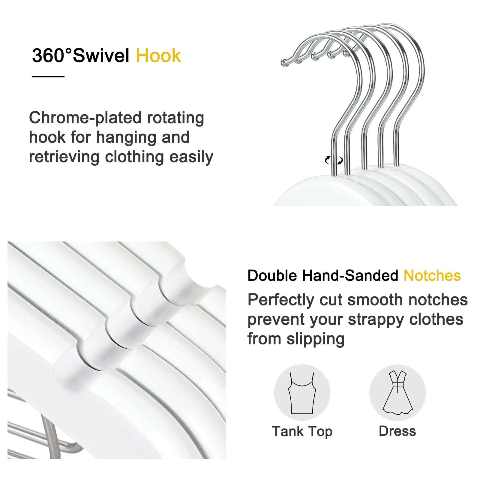 TOPIA HANGER Wooden Suit Hangers with Adjustable Metal Clips (20 Pack)  Solid Smooth Wood Clothes Hangers  360 Swivel Hook  Premium Pants Hangers for Clothes Coat  Jeans  Blouse-White CT28W20